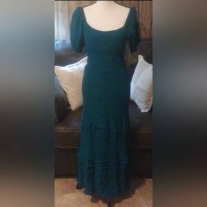 Max + Ash Teal Emerald Green Smocked Gauzy Tiered Puff Sleeve Maxi Dress‎ Boho